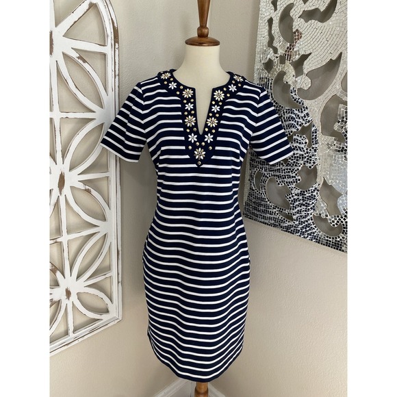 Michael Kors Dresses & Skirts - MICHAEL KORS small NAVY WHITE STRIPE FLORAL STUD NECK SHORT SLEEVE SHEATH DRESS